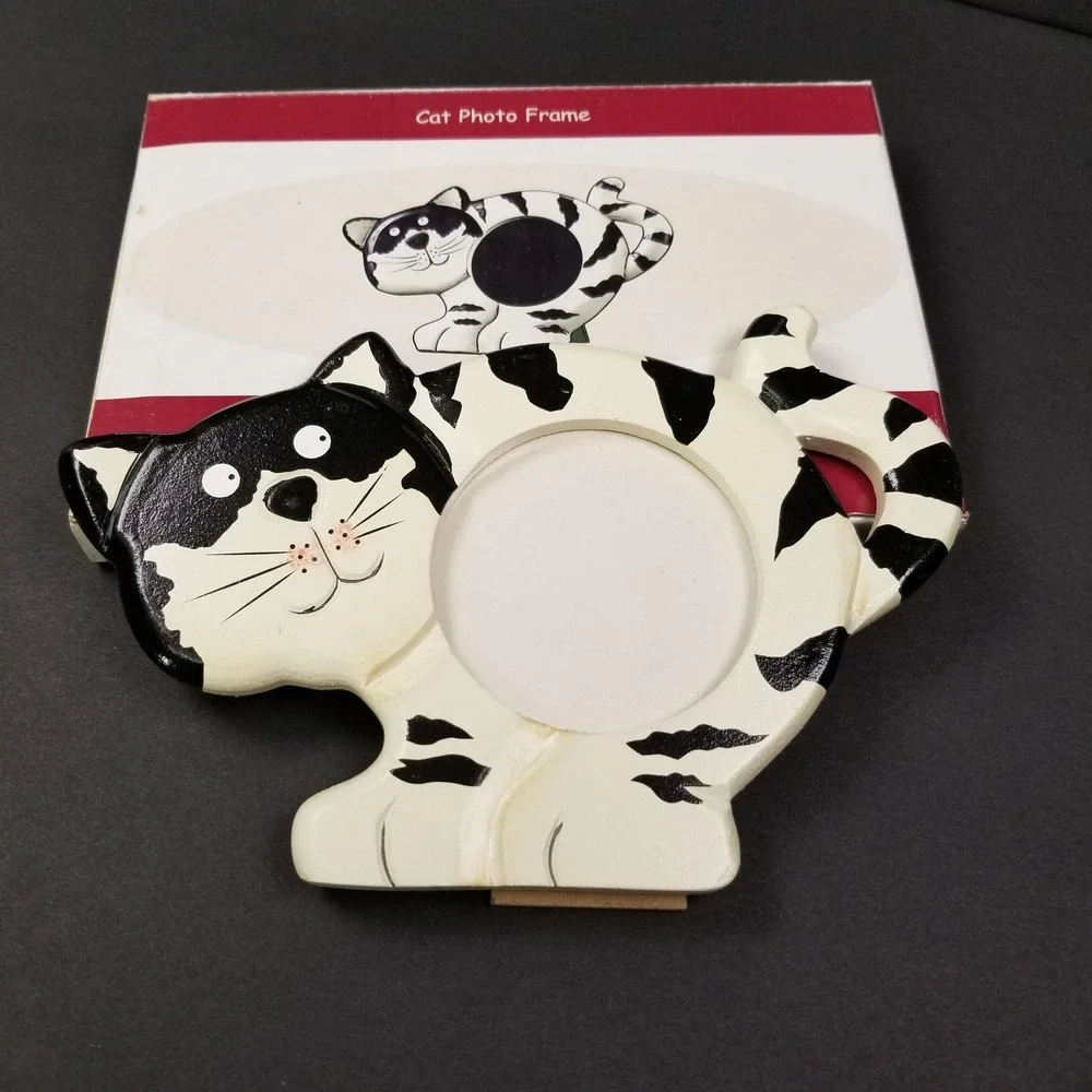 Whimsical Black and White Tuxedo‎ Cat Wooden Photo Frame Tabletop 7.5x5.5 NIB